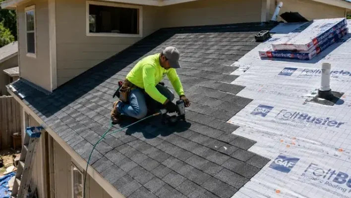 Commercial roof repair on a Houston business building